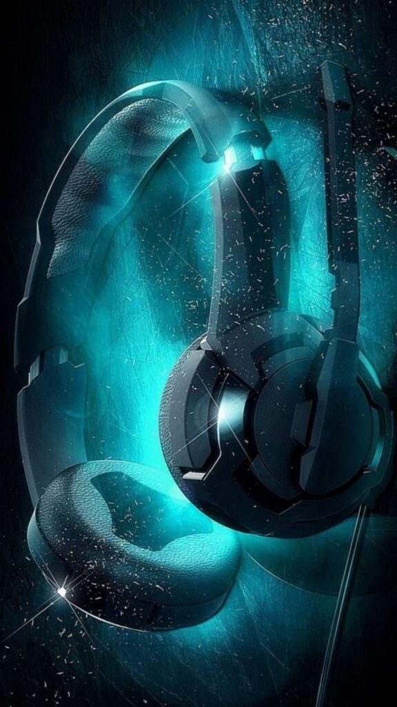 Futuristic black headphones with blue neon lighting and sparkling effects