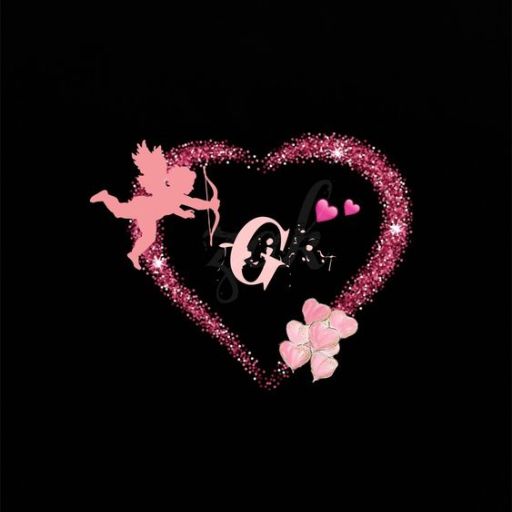 Glittering pink heart with a cupid silhouette, flowers, and _Love_ text on a black background