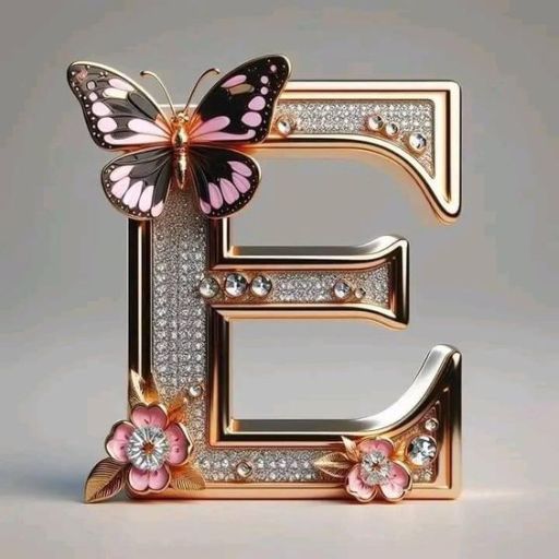 Gold and silver letter E adorned with diamonds, flowers, and a pink butterfly