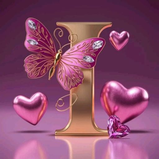 Golden letter 'I' with a pink jeweled butterfly and three pink hearts on a purple background