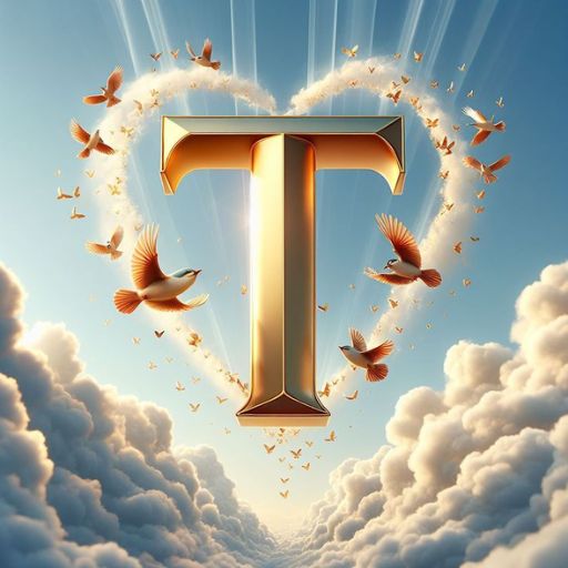 Golden letter _T_ with a heart-shaped aura and birds against a cloudy sky background