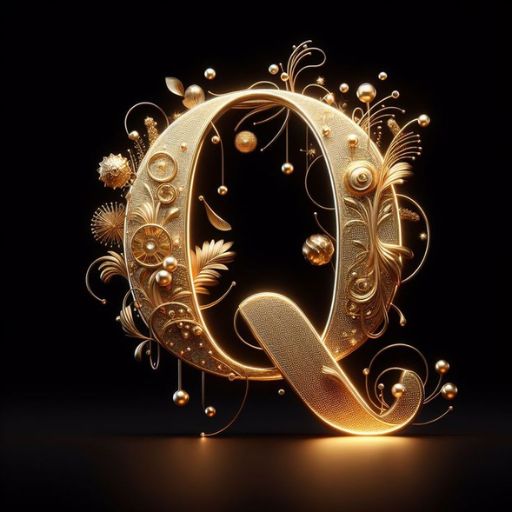 Golden ornate letter Q with elaborate swirling designs and spheres on a black background