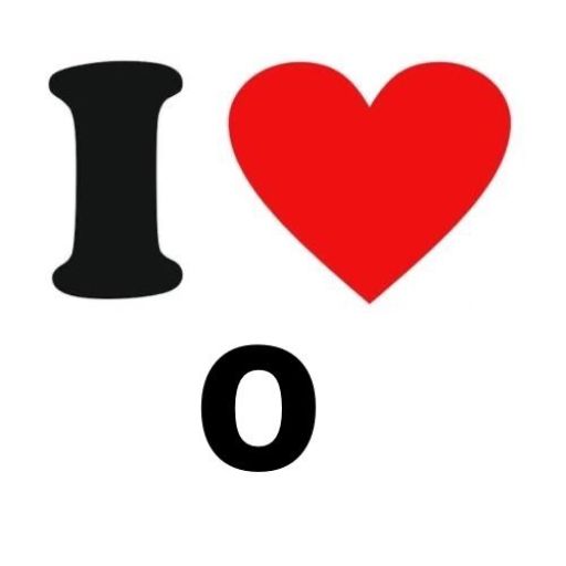 Graphic with _I love_ spelled using a black letter I, a red heart shape, and a black letter O