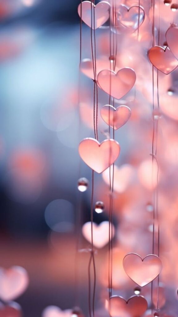 Hanging heart-shaped decorations with a soft blue and pink bokeh background