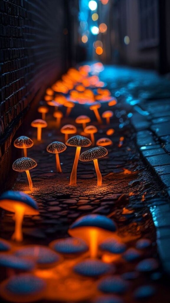 Illuminated orange mushrooms lining a dark cobblestone alley at night