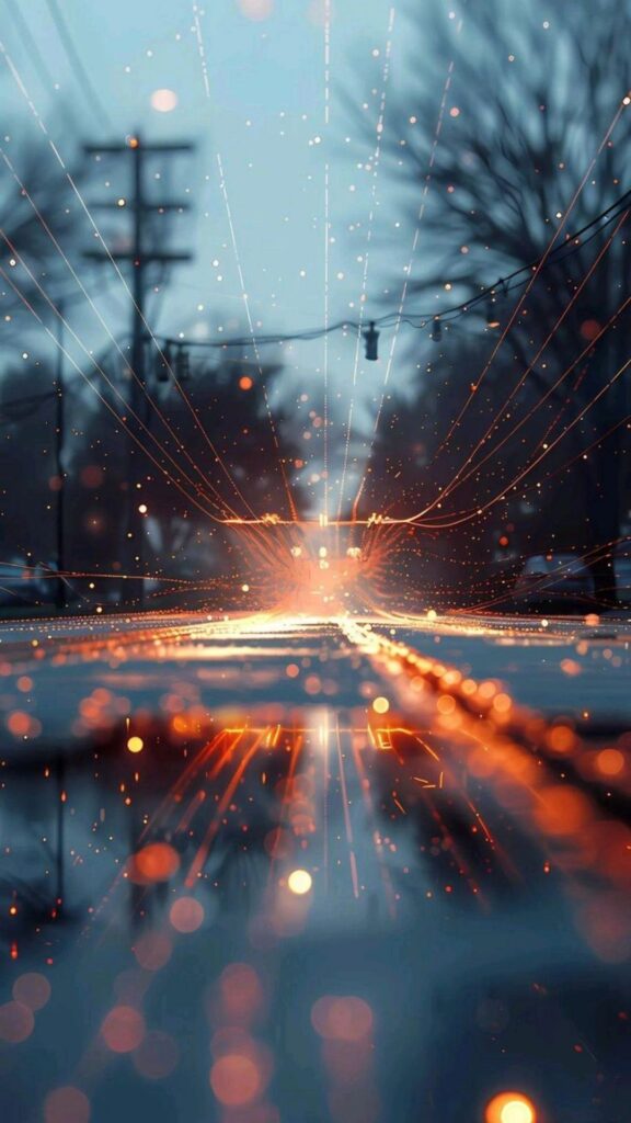 Illuminated wet street with raindrops and light reflections at dusk