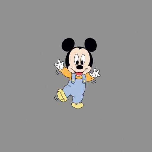 Illustration of Mickey Mouse in classic pose, wearing red shorts with white gloves, on a grey background