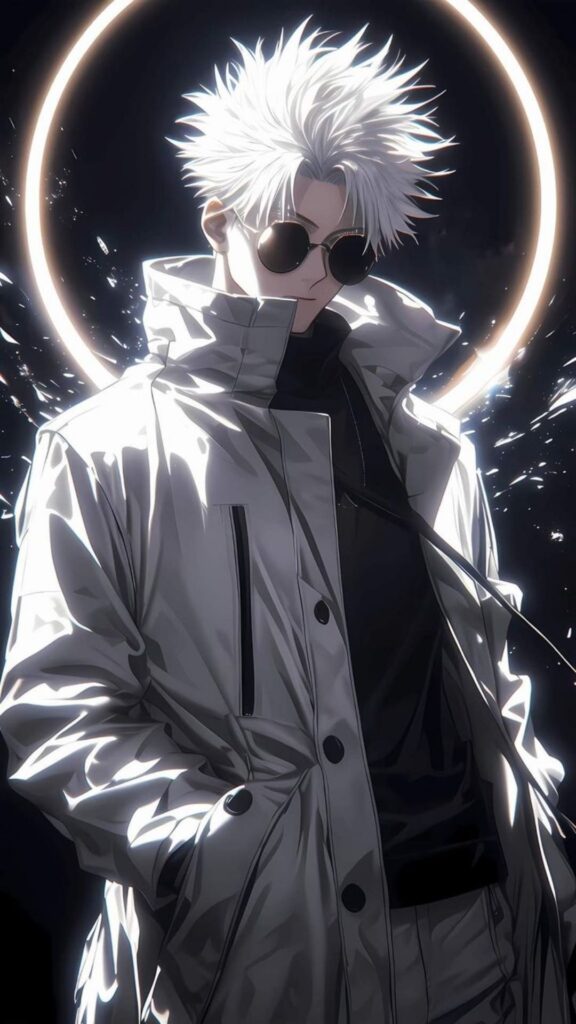 Illustration of a character with white hair in a coat, with a glowing halo in the background