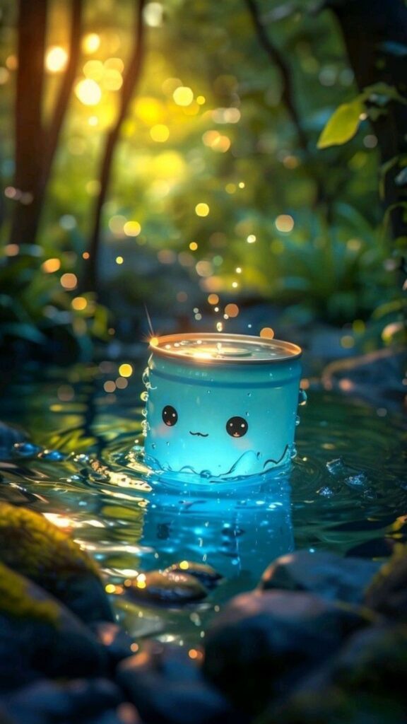 Illustration of a cute cartoon water container with a face, submerged in a forest pond at twilight