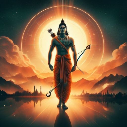 Illustration of a deity with multiple arms holding a bow and arrow, against a sunset landscape with reflective water