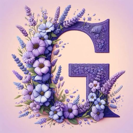 Illustration of a floral alphabet letter _E_ with purple flowers and lavender on a pink background