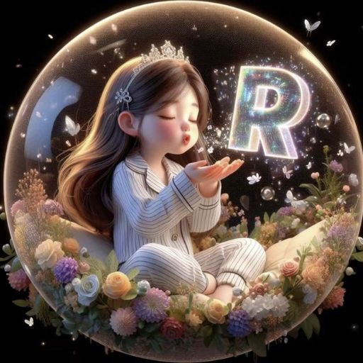 Illustration of a girl with a tiara, sitting amid flowers with a glowing letter _R_ and butterflies