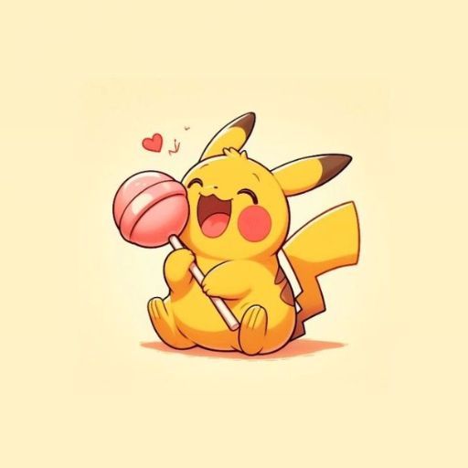 Illustration of a happy Pikachu holding a pink candy with hearts above its head