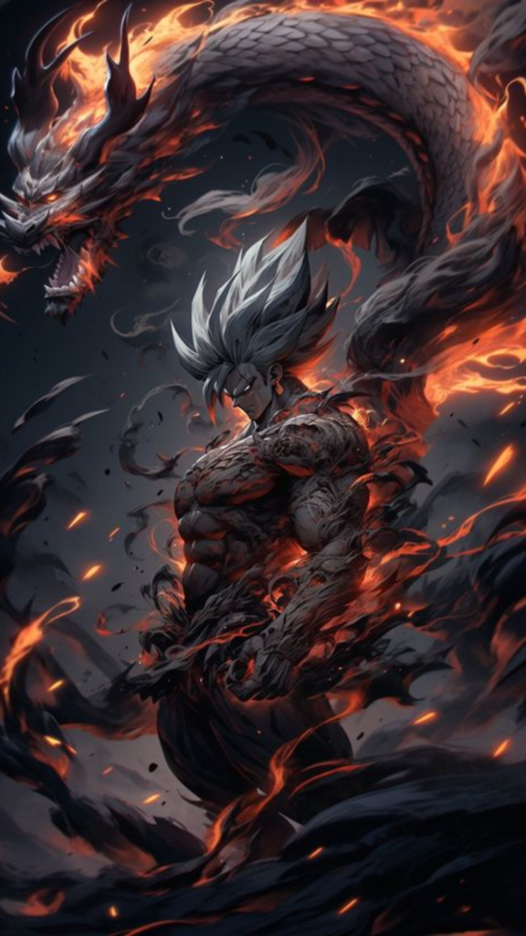 Illustration of a muscular anime character with spiky hair amidst fiery dragon aura