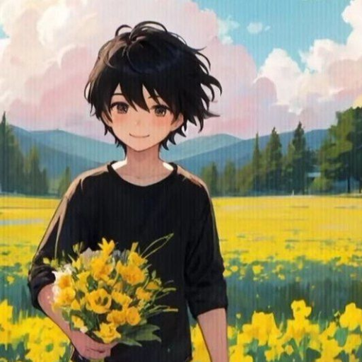 Illustration of a person holding a bouquet of yellow flowers in a vibrant field with mountains and clouds in the background