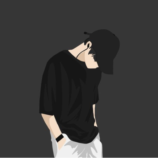 Illustration of a person in a black cap and t-shirt looking downward with a grey background