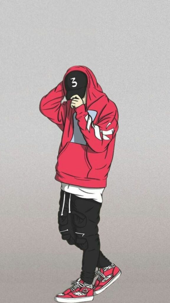 Illustration of a person in a red hoodie and cap, hiding face, wearing black cargo pants and red sneakers