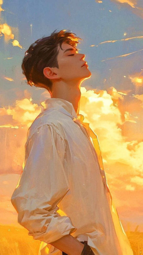 Illustration of a person in a white shirt gazing at a sunset sky with clouds