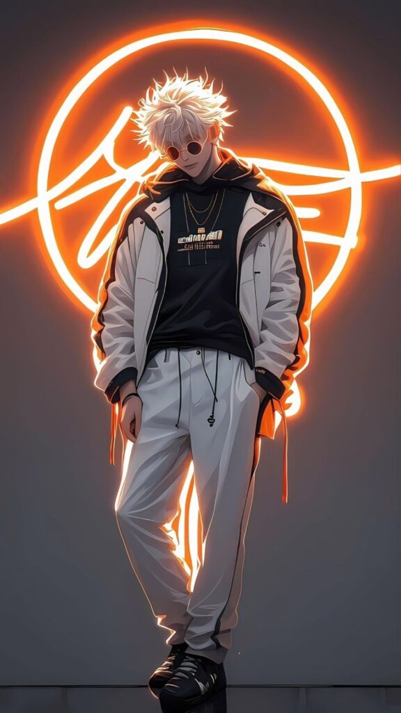 Illustration of a person in stylish clothes with a neon circle in the background