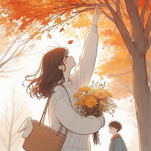 Illustration of a person reaching for autumn leaves while holding a bouquet and a wicker bag