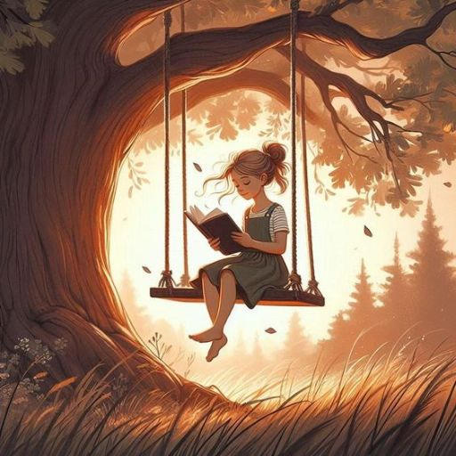 Illustration of a person reading on a swing tied to a large tree, with a warm sunset backdrop