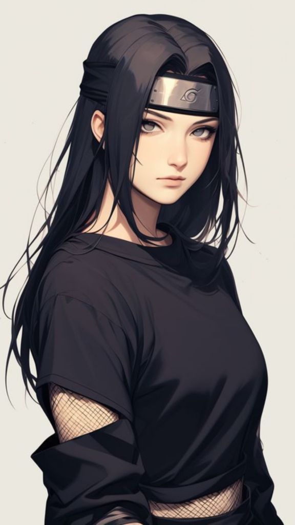 Illustration of a person with long black hair in a black outfit with mesh sleeves