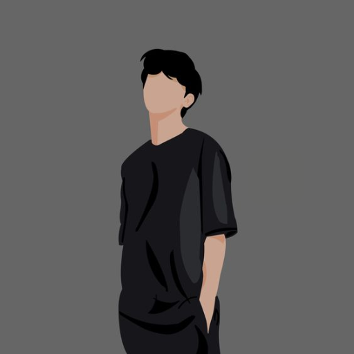 Illustration of a person with short hair in a black T-shirt standing against a grey background