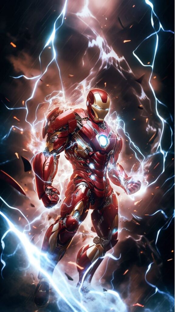 Illustration of a red armored superhero flying amidst intense lightning