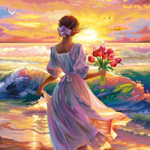 Illustration of a woman in a flowing dress holding flowers, gazing at a vibrant beach sunset with seagulls