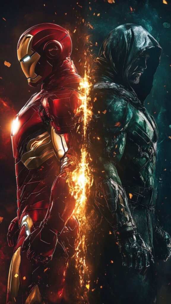 Iron Man and a character with a blurred face, divided by a fiery line