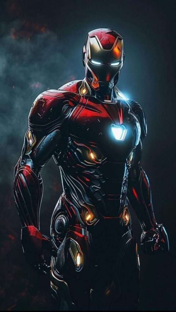 Iron Man armor with glowing chest piece and eyes, standing against a smoky backdrop