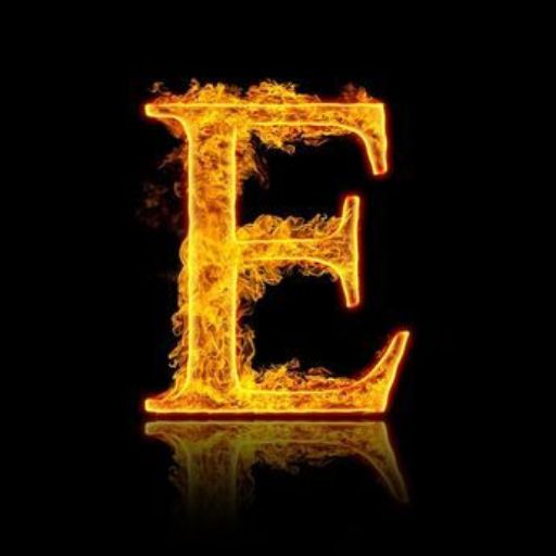 Letter 'E' engulfed in realistic orange flames on a black background