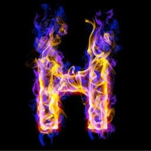 Letter 'H' shaped by vibrant blue, purple, and yellow flames against a black background