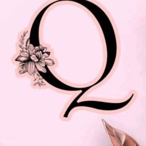 Letter Q with floral design on pink background, with a hand pointing at it