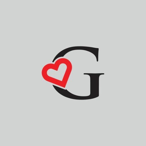 Logo with a black letter _G_ incorporating a red heart shape within its lower loop on a grey background