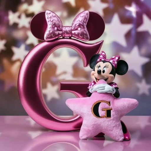 Minnie Mouse figure leaning on a pink letter 'G' with a matching bow, on a starry background