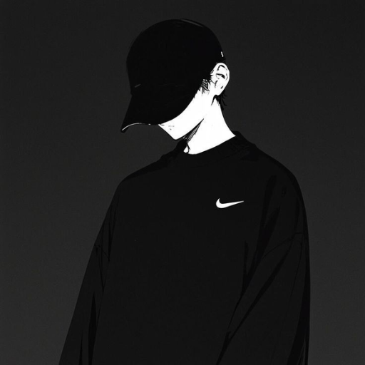 Monochrome illustration of a person in a cap and logoed shirt, head tilted downwards