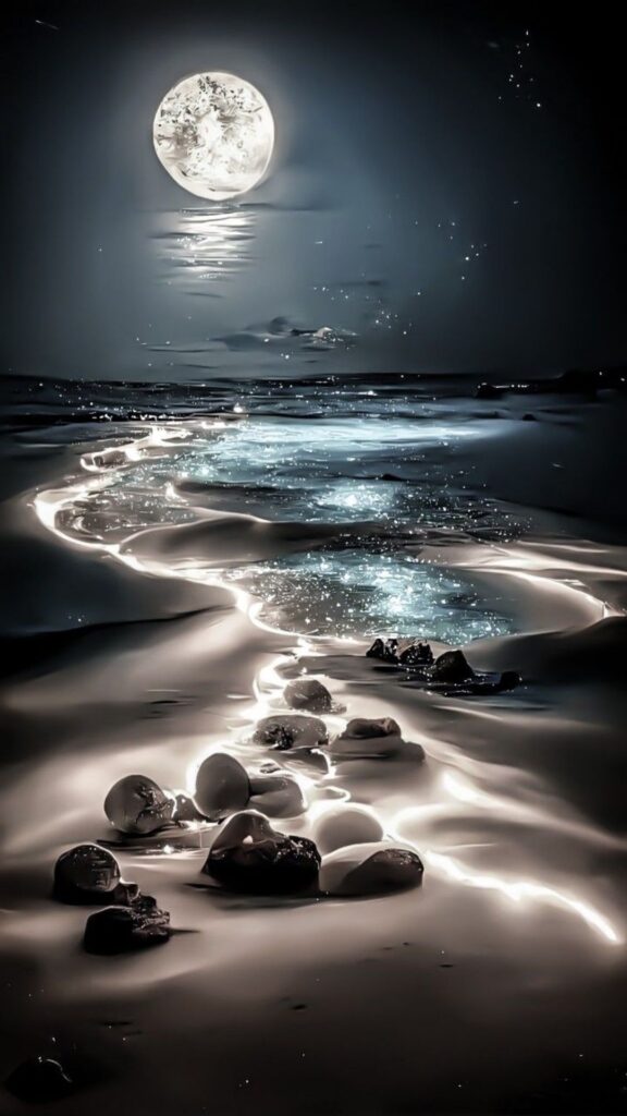 Moonlit beach with bioluminescent waves and scattered stones