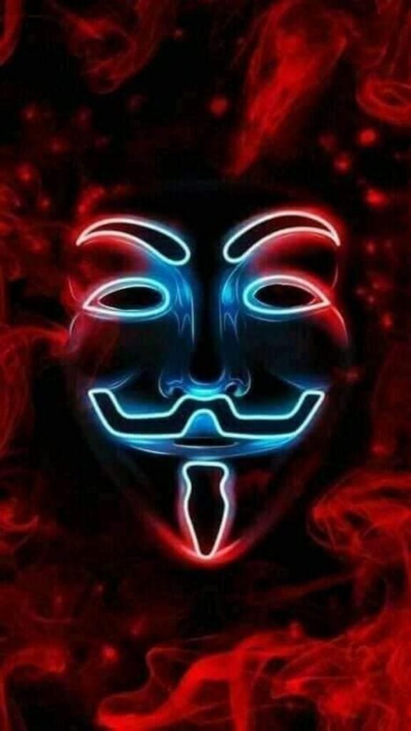 Neon blue and pink glowing mask against a swirling red and black backdrop