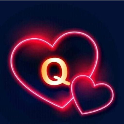 Neon lights forming two hearts with a letter 'Q' inside the larger one against a dark background