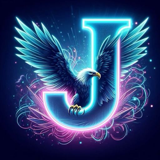 Neon-lit letter 'J' with an eagle in the foreground, surrounded by dynamic blue and pink light effects