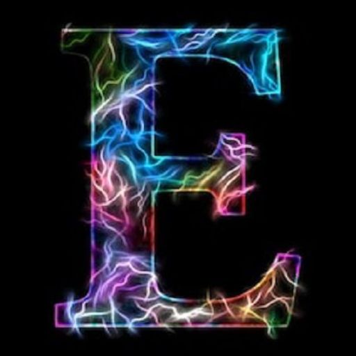 Neon plasma-style letter E with multicolored, glowing outlines on a black background