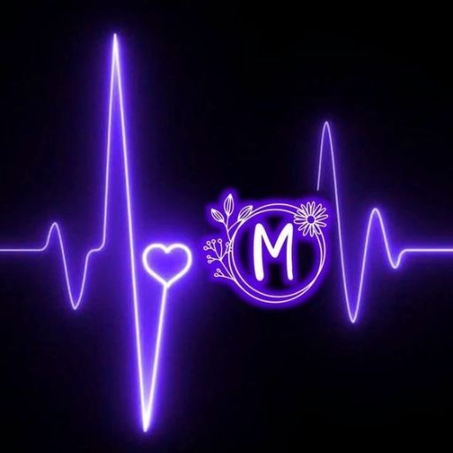 Neon purple ECG line with a heart shape and the letter 'M' decorated with a flower on a black background