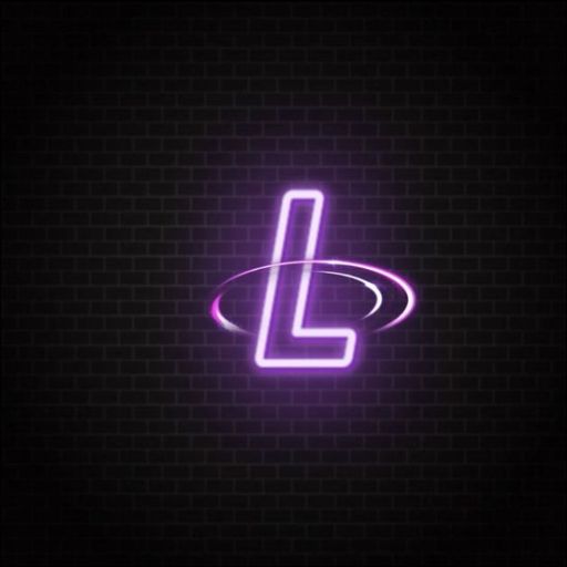 Neon purple letter _L_ with a glowing ring on a dark brick wall background