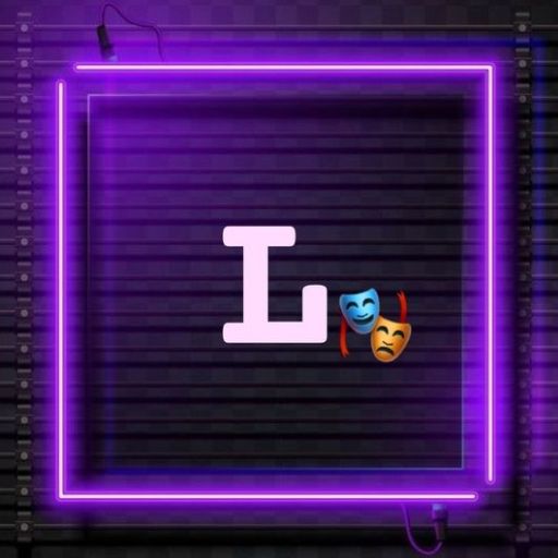 Neon purple square border with a capital letter 'L' and two theater mask emojis inside, against a dark background