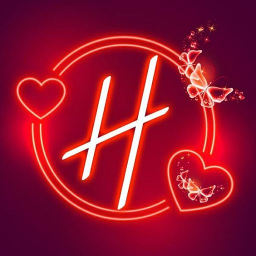 Neon red hashtag sign with hearts and butterflies on a purple background