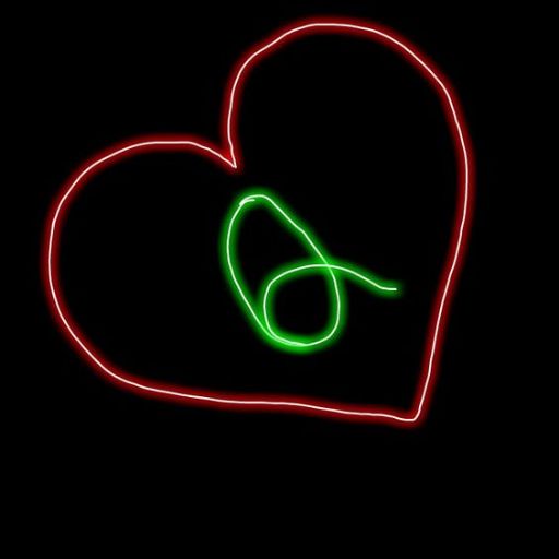 Neon red heart shape outline with a smaller green neon swirl inside, on a black background