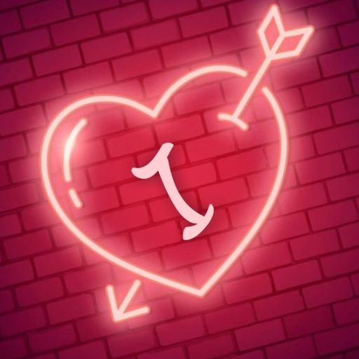 Neon sign of a heart with an arrow through it against a brick wall