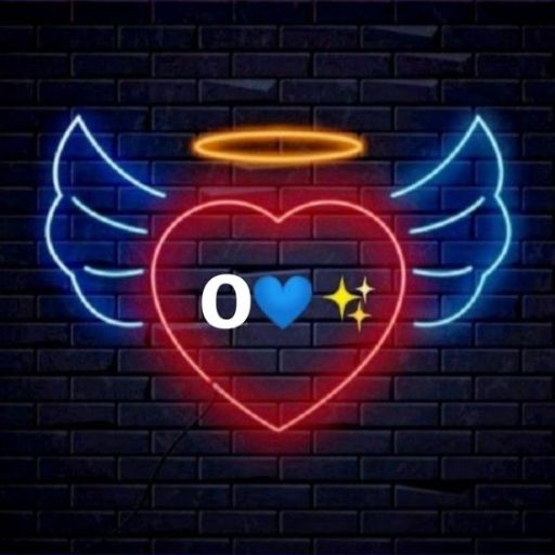 Neon sign of a winged heart with a halo and a zero with two emojis inside on a brick wall