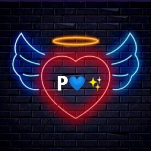 Neon sign of a winged heart with a halo and the letter _P_ over a dark brick wall